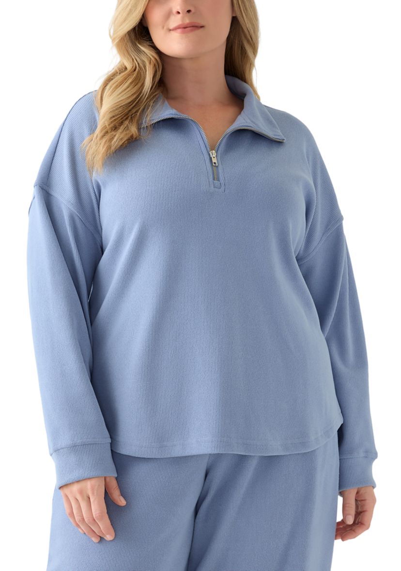 Plus Size Thermal Hacci 3/4 Zip Up Pullover
