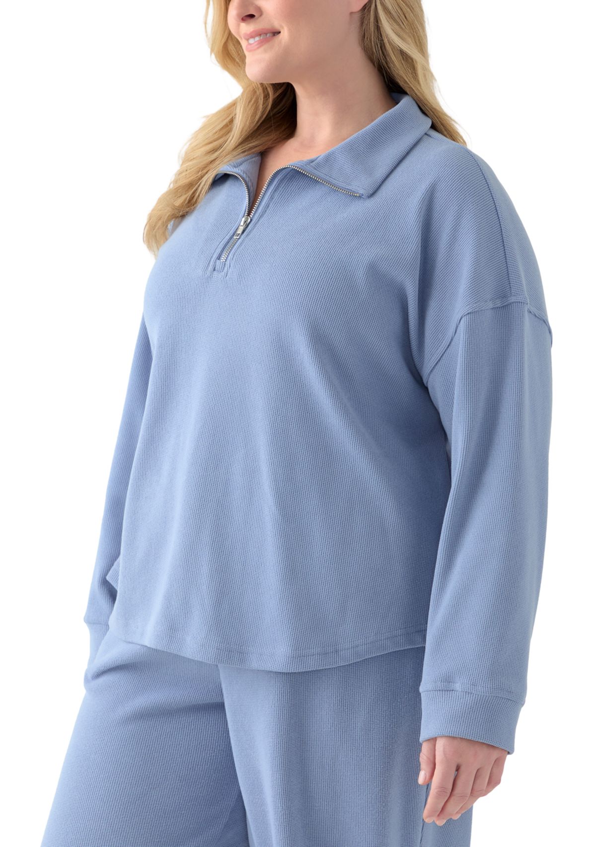 Plus Size Thermal Hacci 3/4 Zip Up Pullover