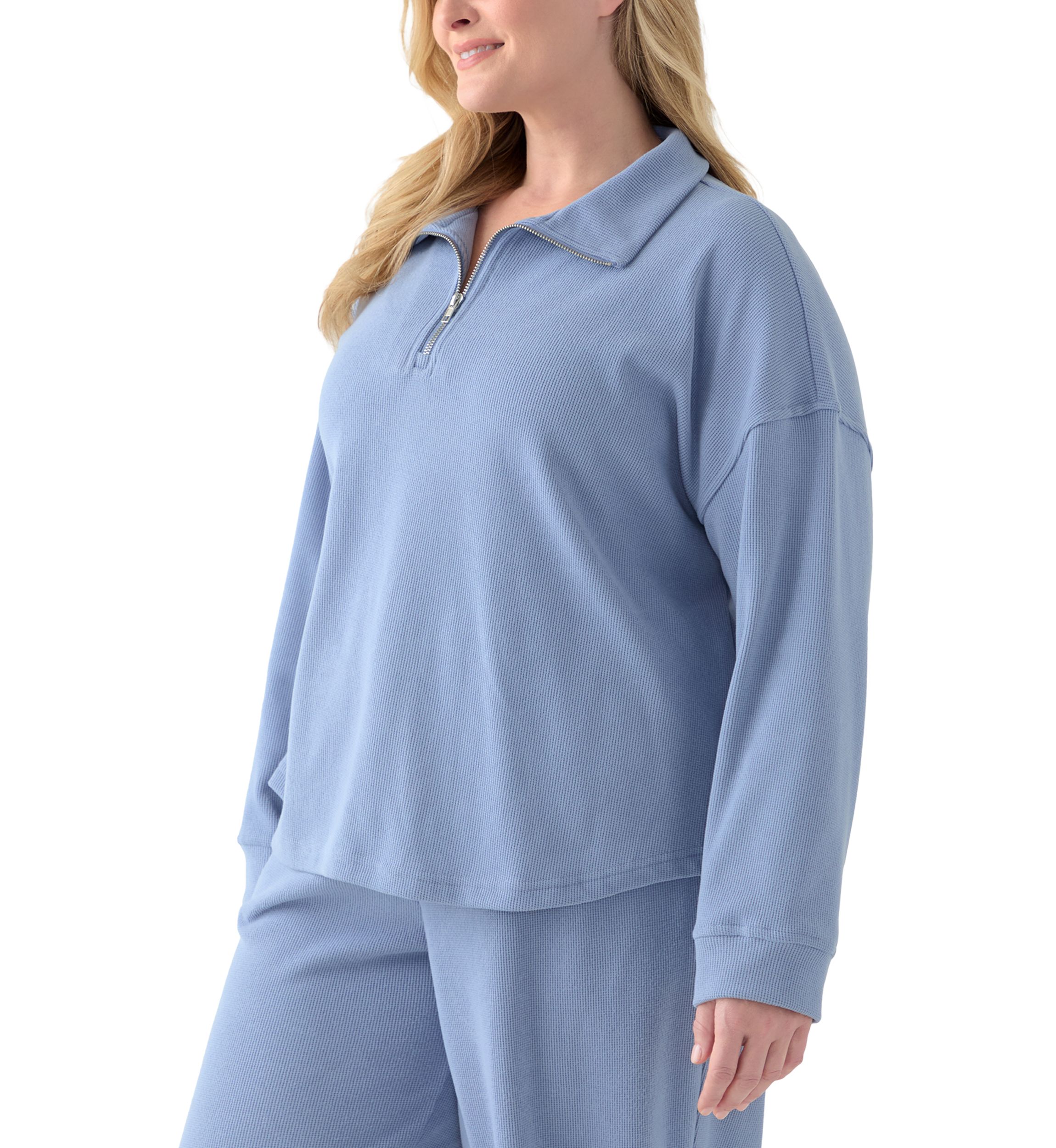 Plus Size Thermal Hacci 3/4 Zip Up Pullover