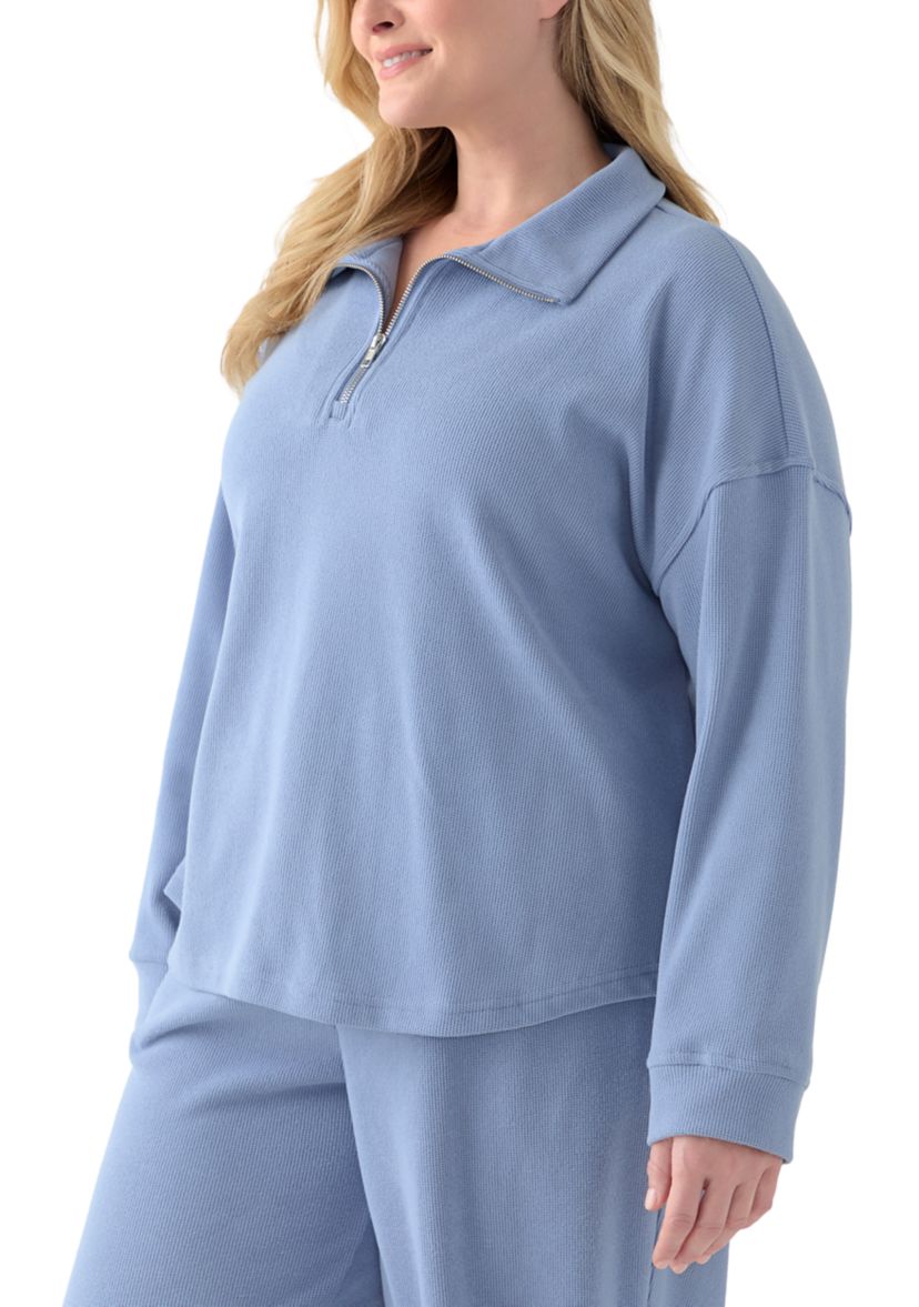 Plus Size Thermal Hacci 3/4 Zip Up Pullover