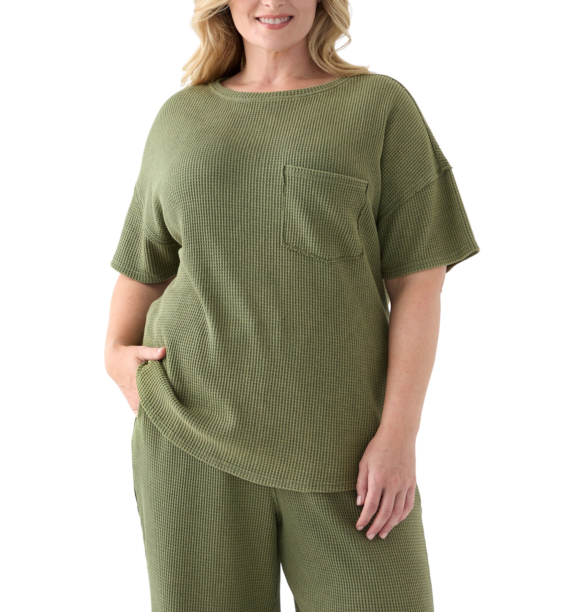 Plus Size Short Drop Shoulder Waffle Pocket T-Shirt 