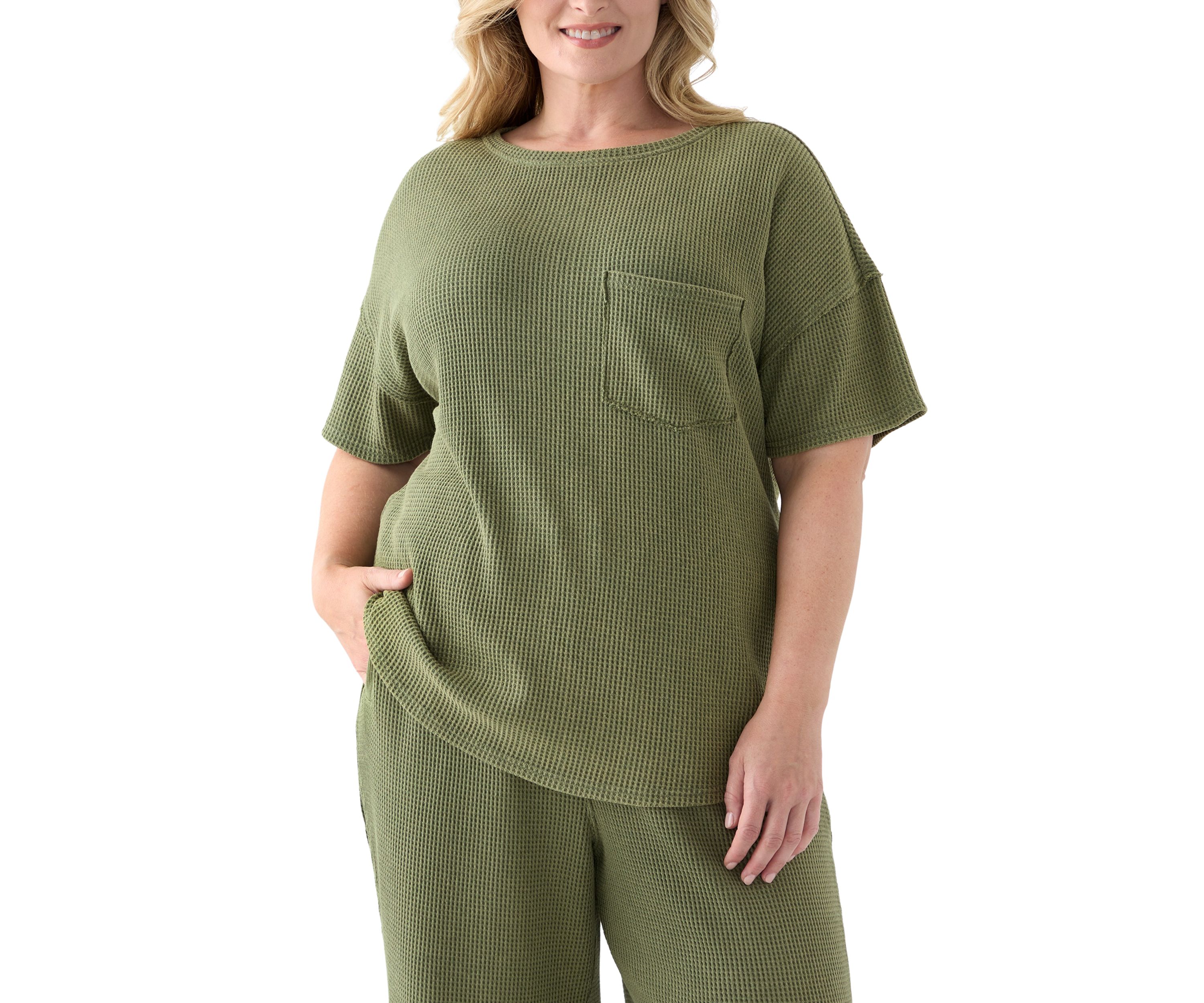 Plus Size Short Drop Shoulder Waffle Pocket T-Shirt 