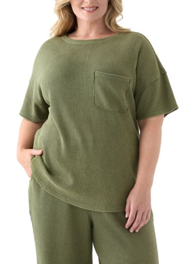 Plus Size Short Drop Shoulder Waffle Pocket T-Shirt 