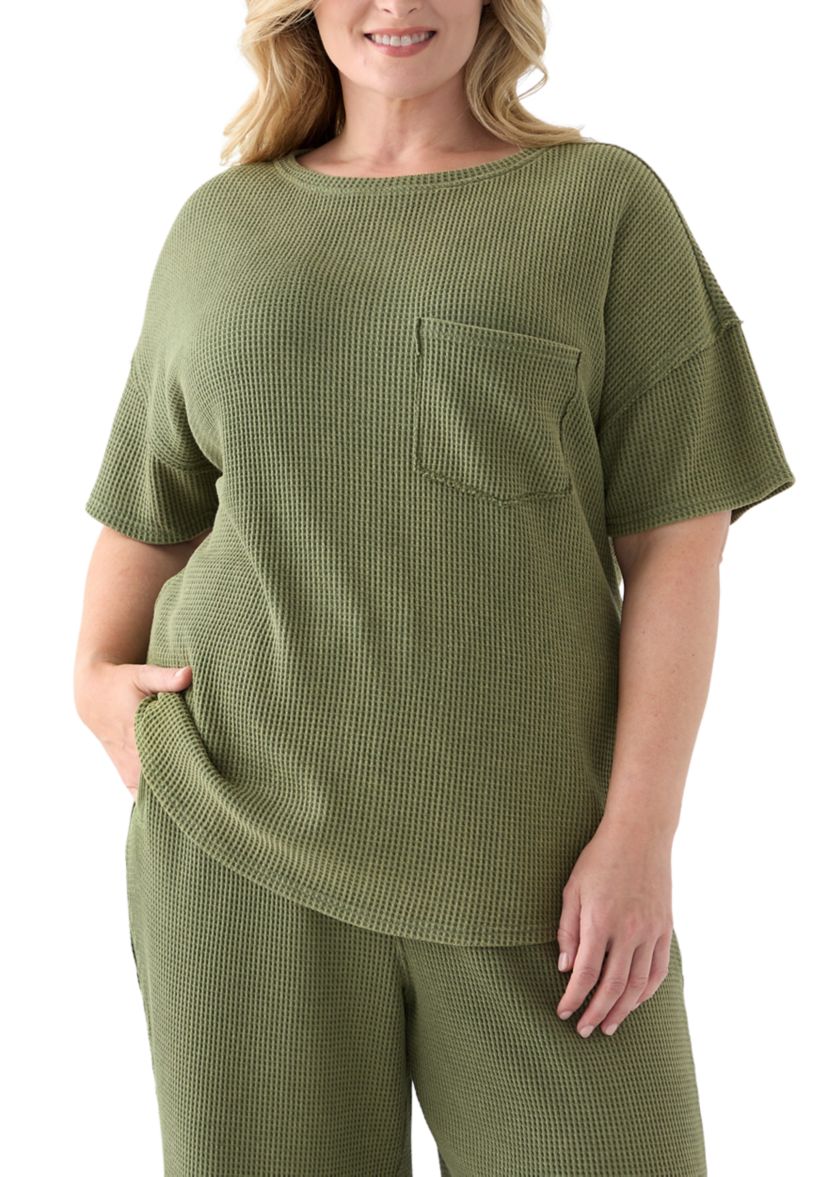 Plus Size Short Drop Shoulder Waffle Pocket T-Shirt 