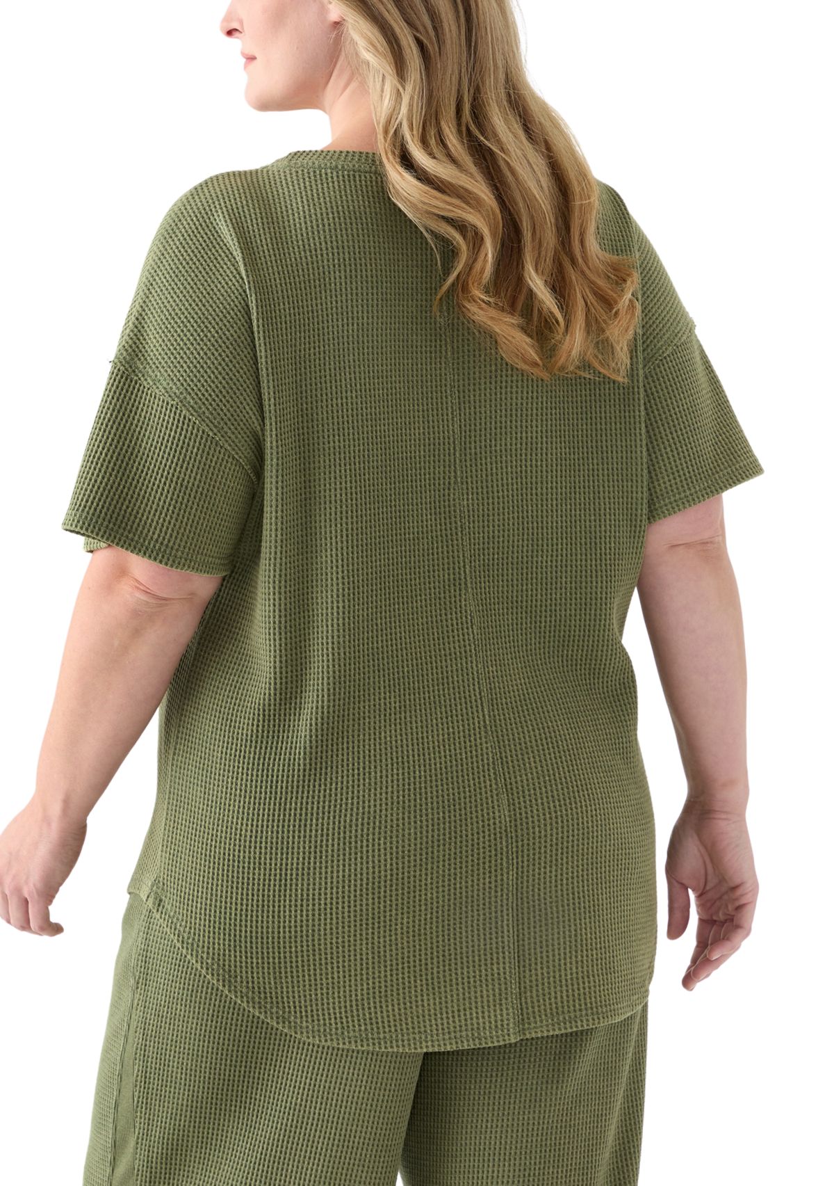 Plus Size Short Drop Shoulder Waffle Pocket T-Shirt 