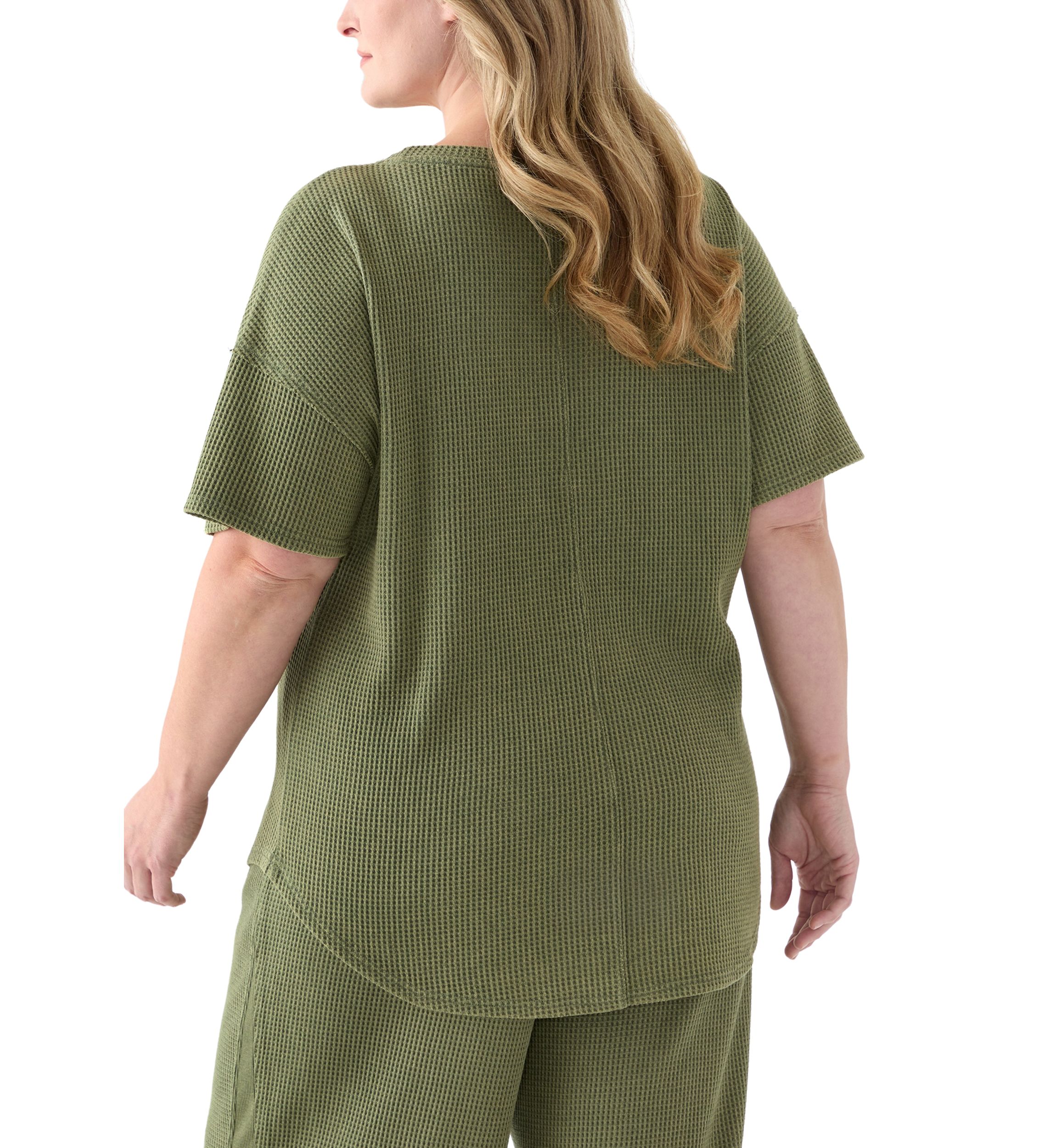 Plus Size Short Drop Shoulder Waffle Pocket T-Shirt 