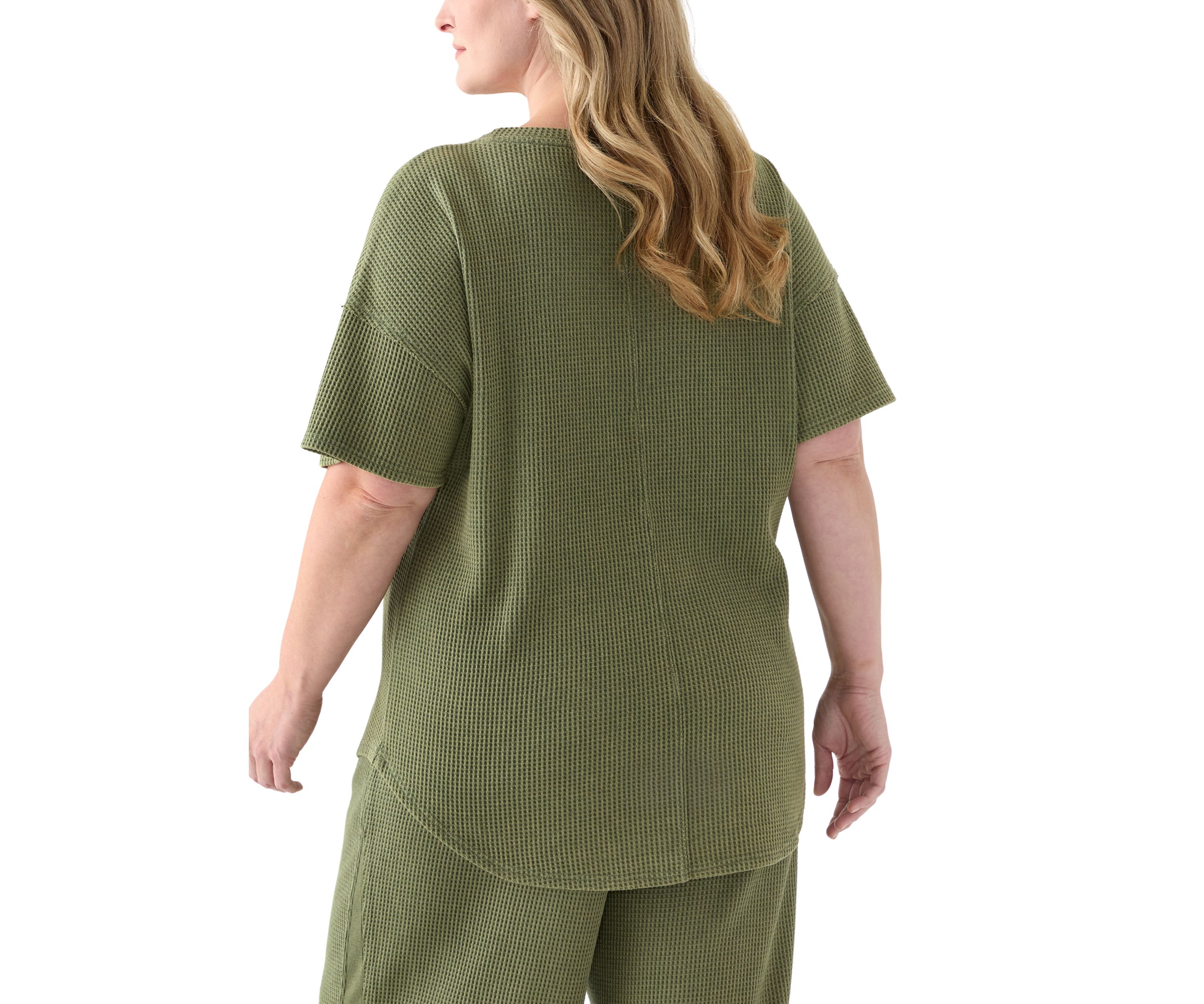 Plus Size Short Drop Shoulder Waffle Pocket T-Shirt 