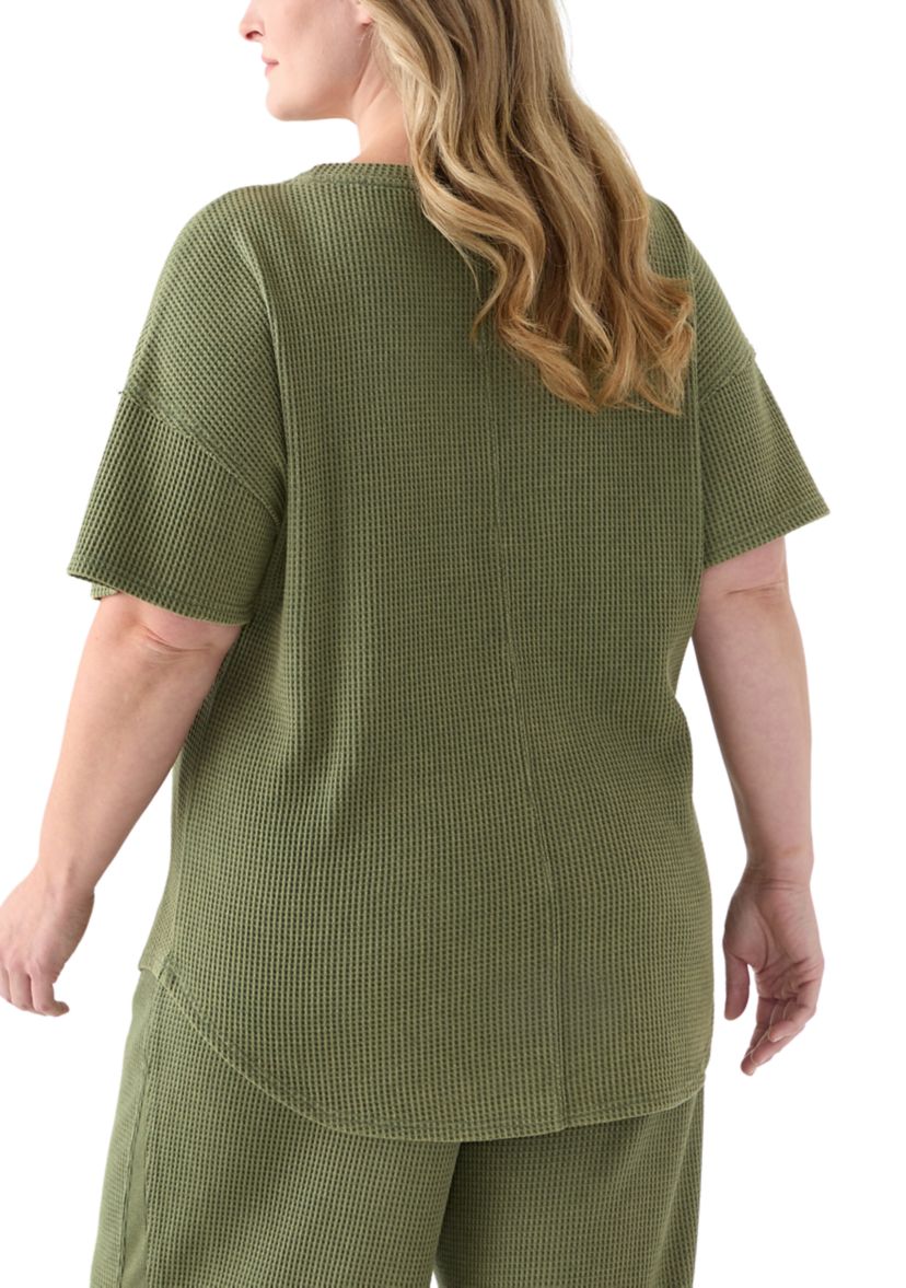 Plus Size Short Drop Shoulder Waffle Pocket T-Shirt 
