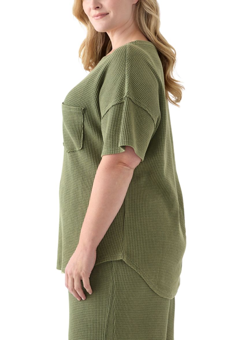 Plus Size Short Drop Shoulder Waffle Pocket T-Shirt 