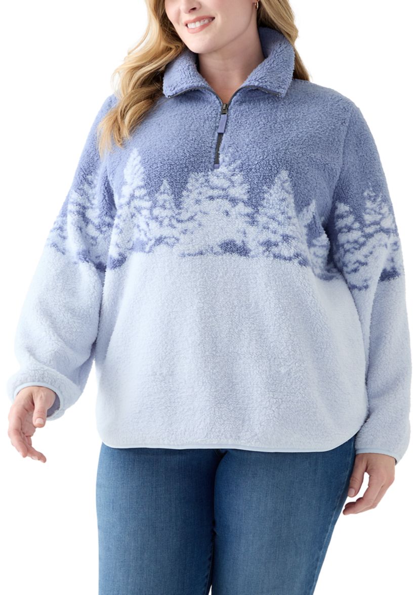 Plus Size Printed Sherpa 1/3 Zip Pullover