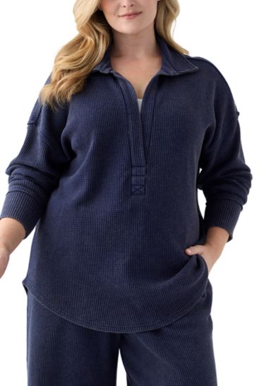 Plus Size Long Sleeve Waffle Collared Tunic