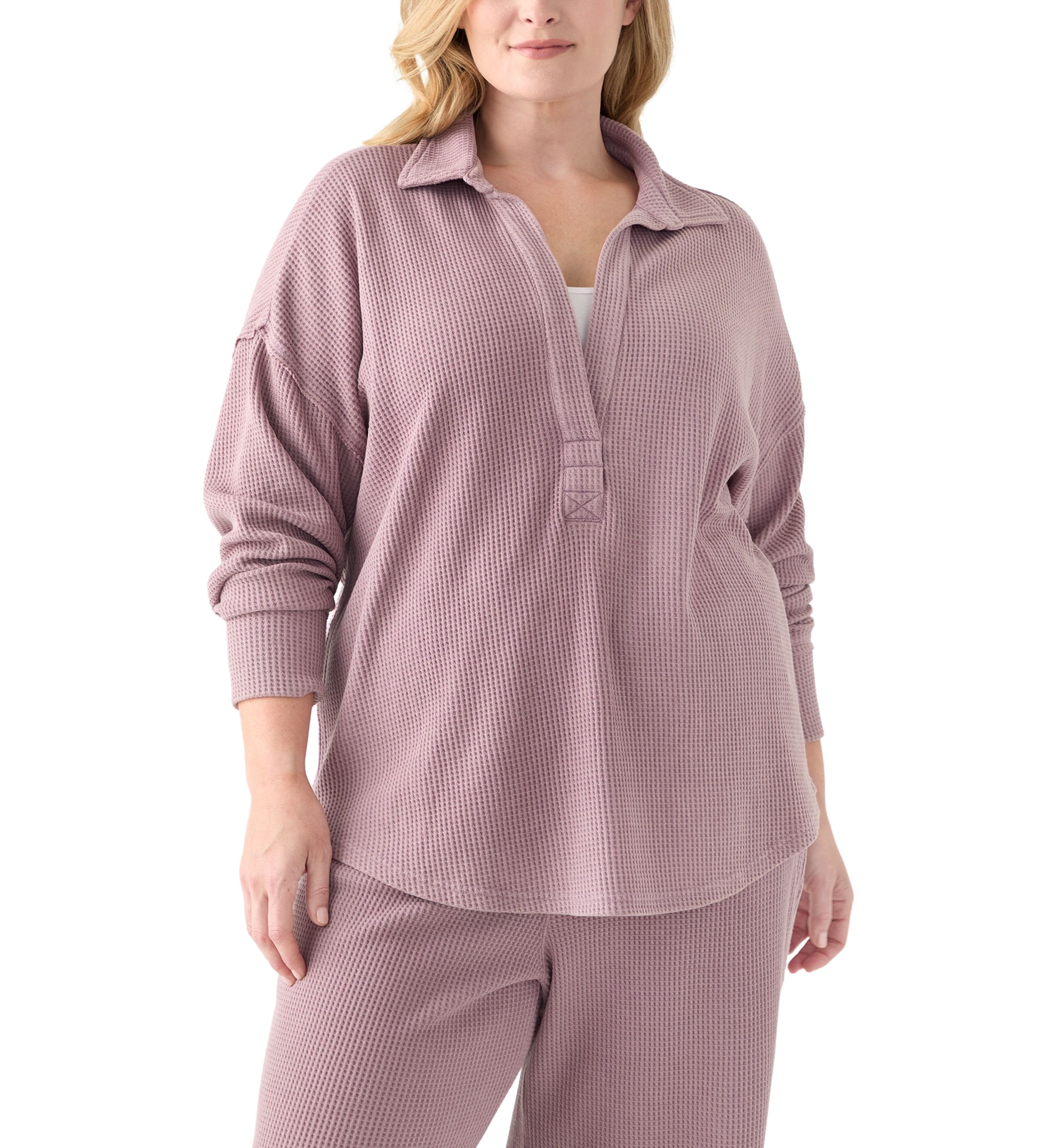Plus Size Long Sleeve Waffle Collared Tunic