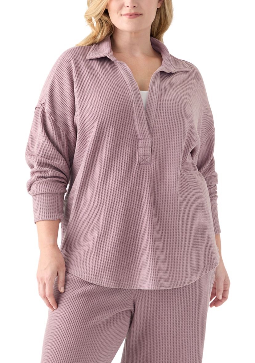 Plus Size Long Sleeve Waffle Collared Tunic