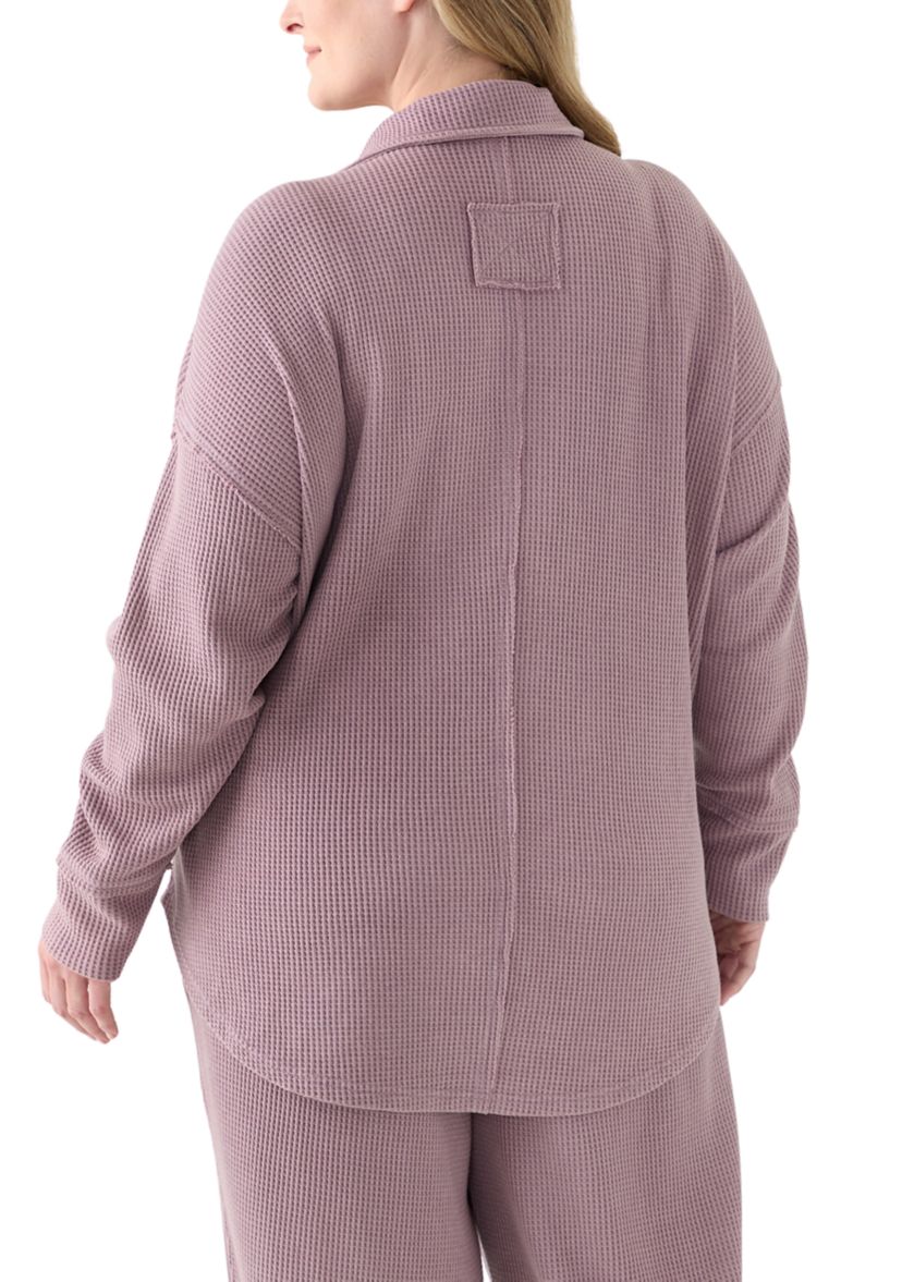 Plus Size Long Sleeve Waffle Collared Tunic