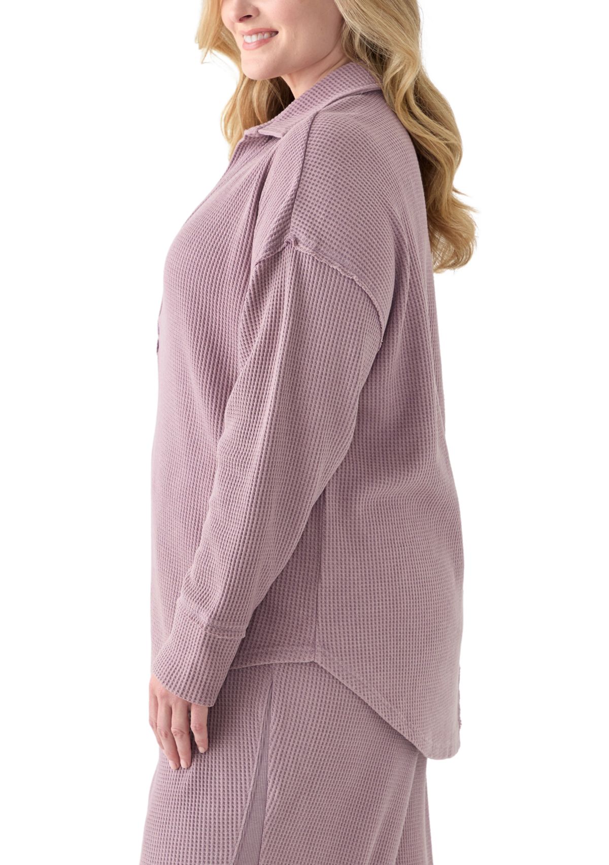 Plus Size Long Sleeve Waffle Collared Tunic