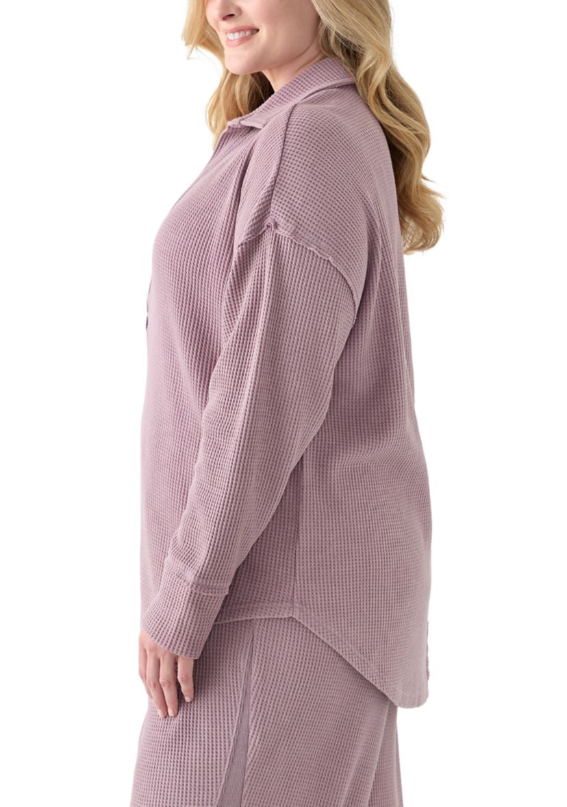 Plus Size Long Sleeve Waffle Collared Tunic