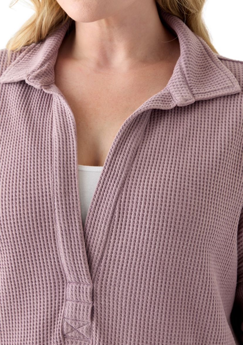 Plus Size Long Sleeve Waffle Collared Tunic