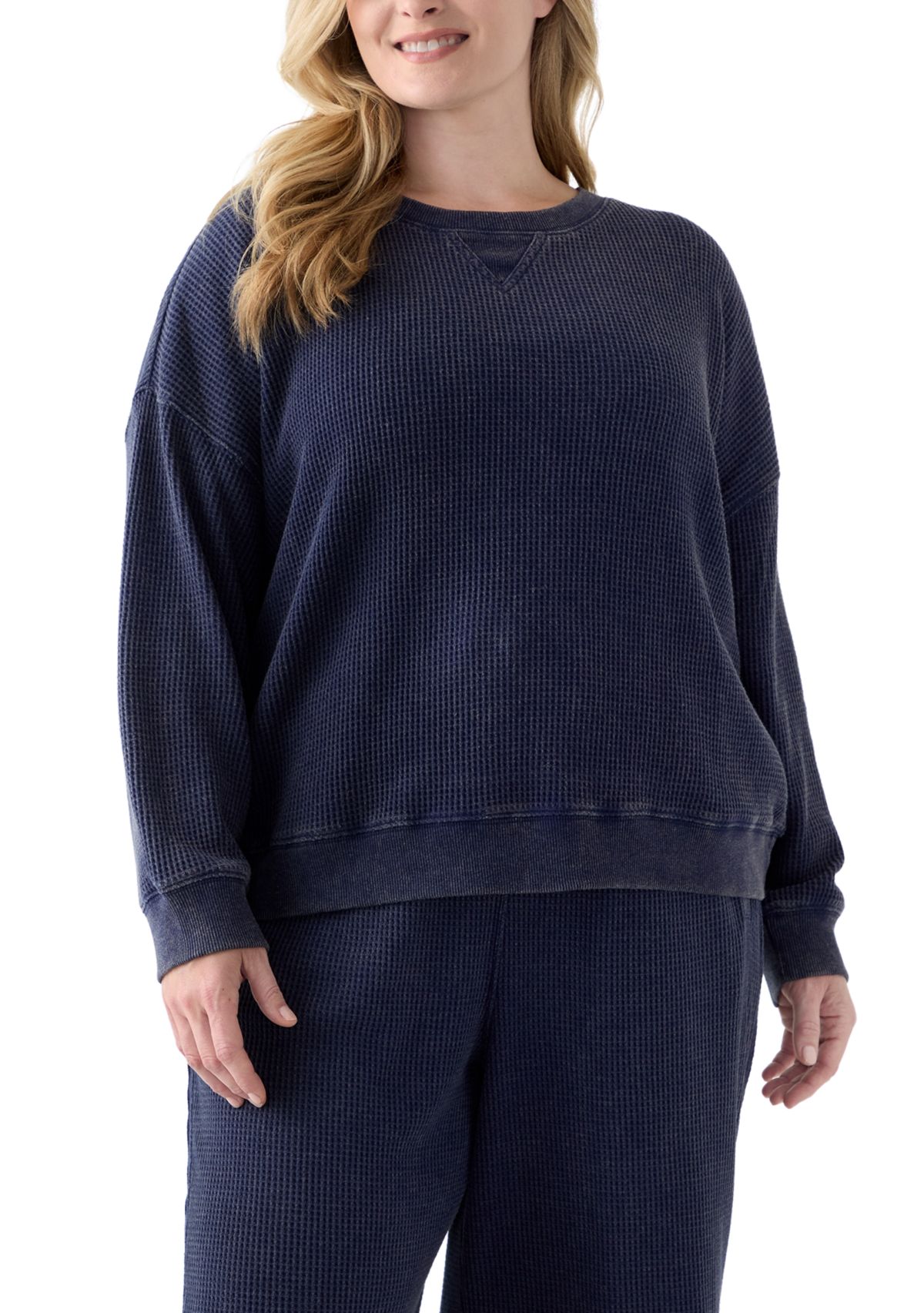 Plus Size Long Sleeve Waffle Crew Sweatshirt 
