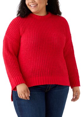 OLIVE + OAK Women's Plus Size Waffle Knit Chenille Pullover Sweater, Red, 3X