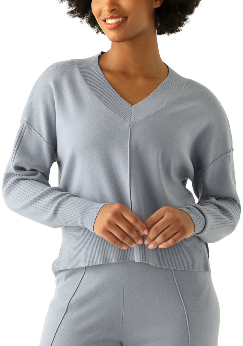 Womens Long Sleeve Drop Shoulder V-Neck Shirt