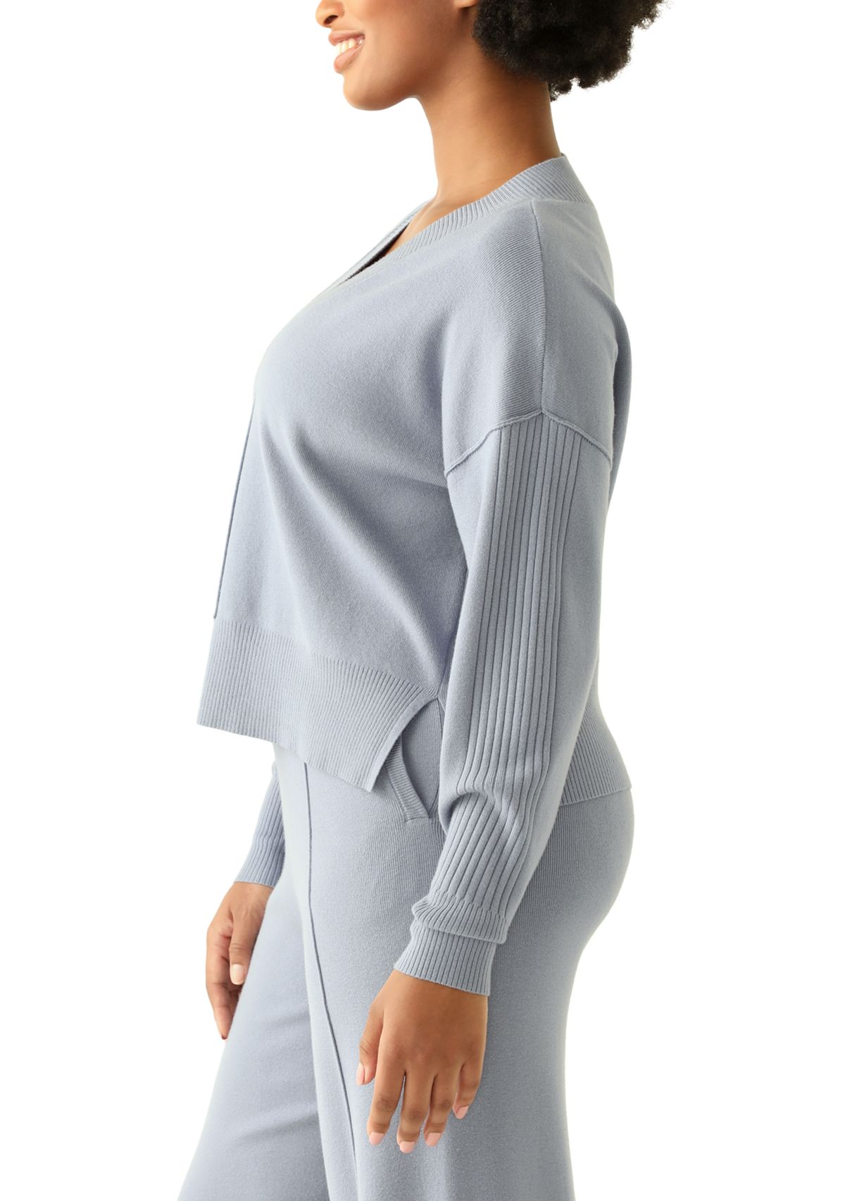 Womens Long Sleeve Drop Shoulder V-Neck Shirt