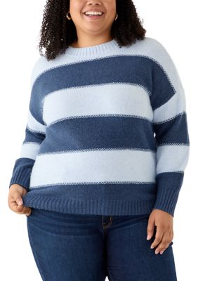 OLIVE + OAK Women's Plus Size Striped Crew Neck Sweater, Blue, 3X