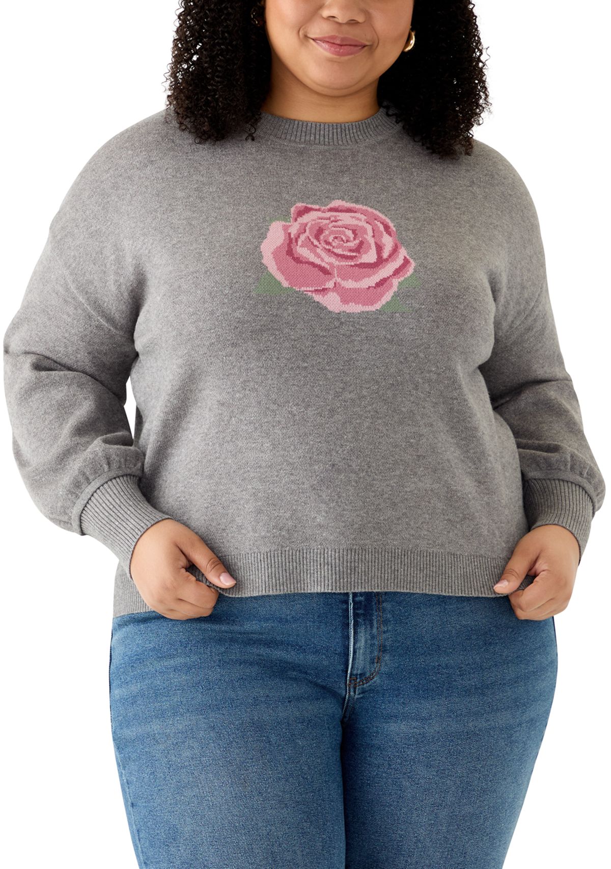 Plus Size Rose Intarsia Knit Sweater