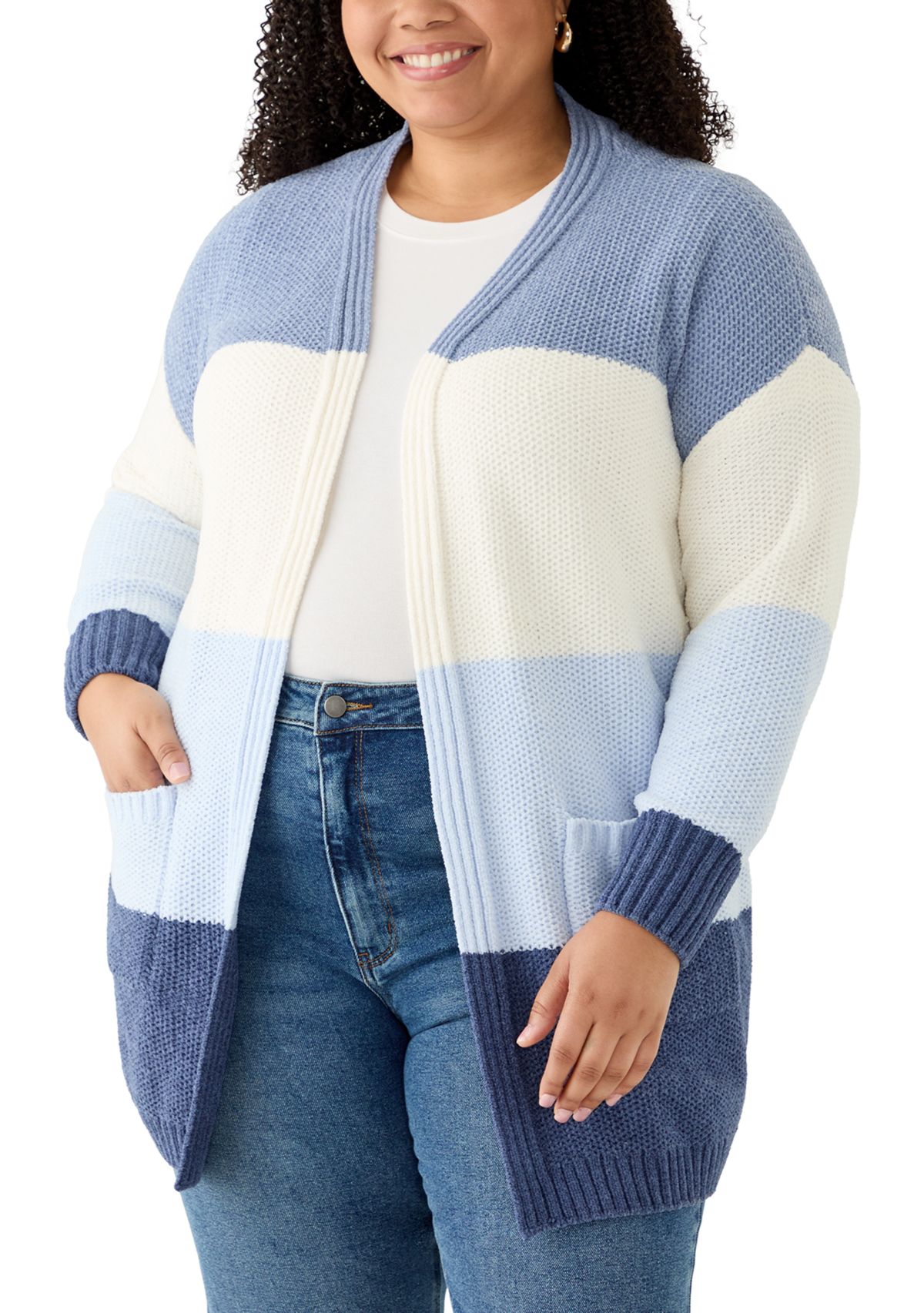Plus Size Color Block Chenille Cardigan