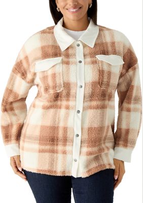 OLIVE + OAK Women's Plus Size Button Front Plaid Sherpa Jacket, 3X