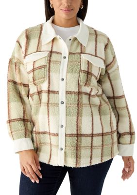 OLIVE + OAK Women's Plus Size Button Front Plaid Sherpa Jacket, Sage, 3X