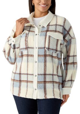 OLIVE + OAK Women's Plus Size Button Front Plaid Sherpa Jacket, Blue, 3X