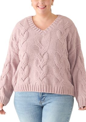 OLIVE + OAK Women's Plus Size Long Sleeve V-Neck Cable Knit Sweater, Mauve, 0X