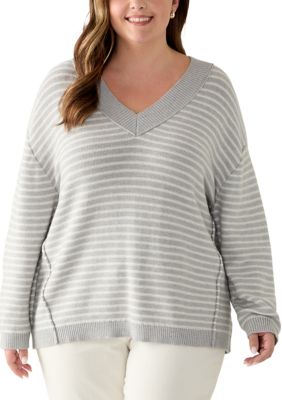 OLIVE + OAK Women's Plus Size Striped V-Neck Tunic Sweater, 0X