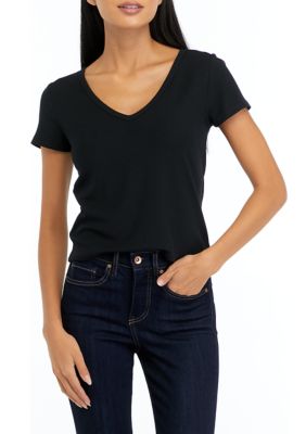 OLIVE + OAK Women's Short Sleeve Ribbed V-Neck T-Shirt, Black, Small