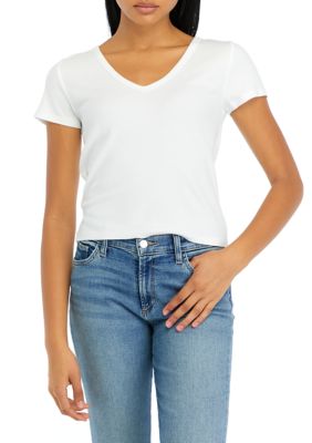 OLIVE + OAK Women's Short Sleeve Ribbed V-Neck T-Shirt, Ivory, XS