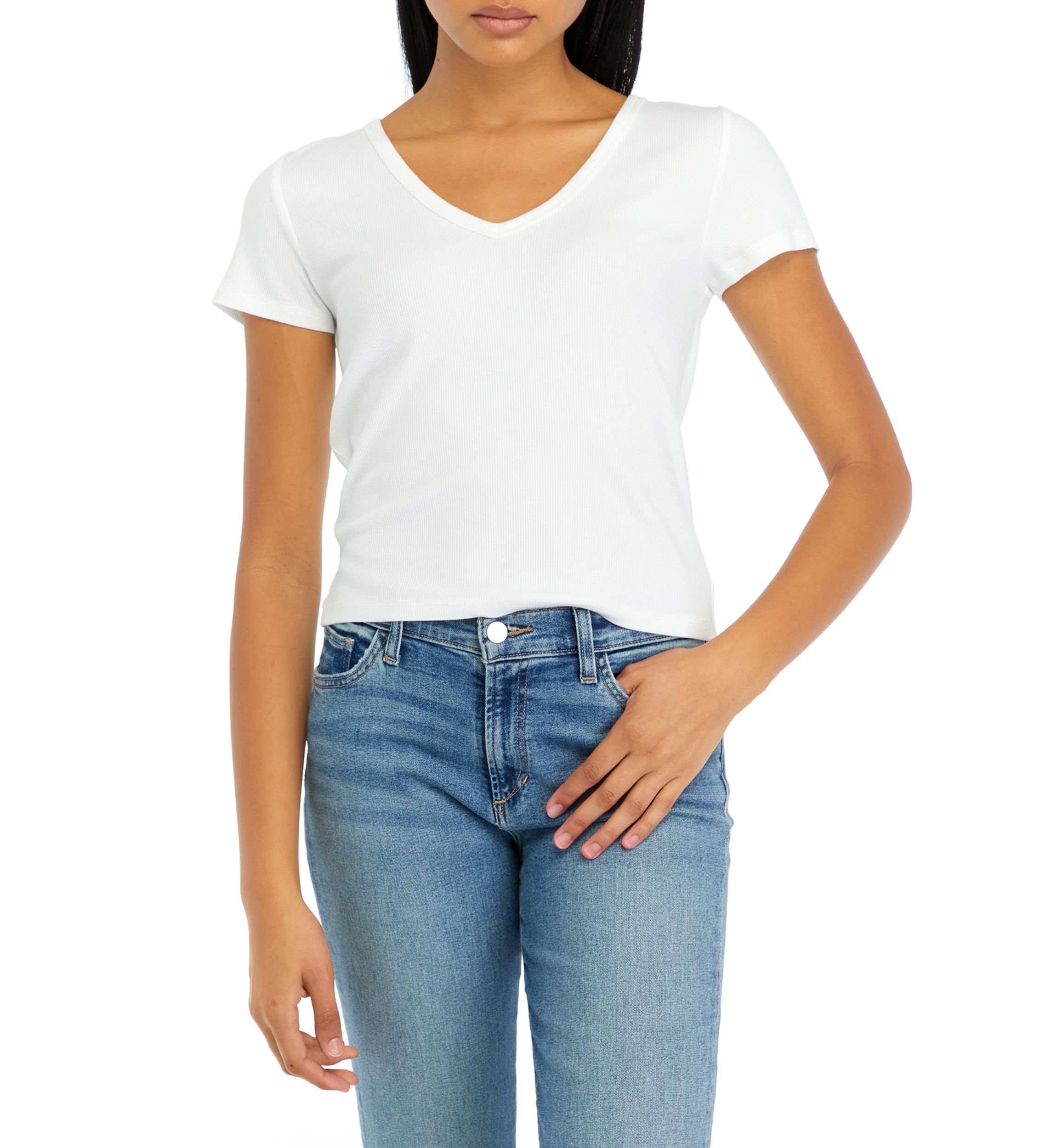 Womens Short Sleeve Ribbed V-Neck T-Shirt 