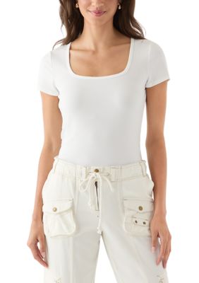OLIVE + OAK Women's Square Neck Short Sleeve Knit Top, Ivory, Medium