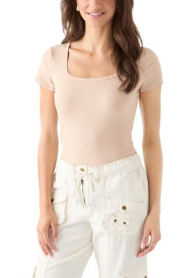 OLIVE + OAK Women's Square Neck Short Sleeve Knit Top, Sand, XL