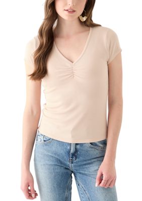 OLIVE + OAK Women's V-Neck Cap Sleeve Top, Sand, Small