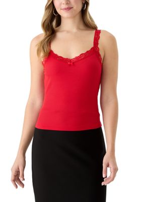 OLIVE + OAK Women's Lace Trimmed Ribbed Sweetheart Tank Top, Red, XL
