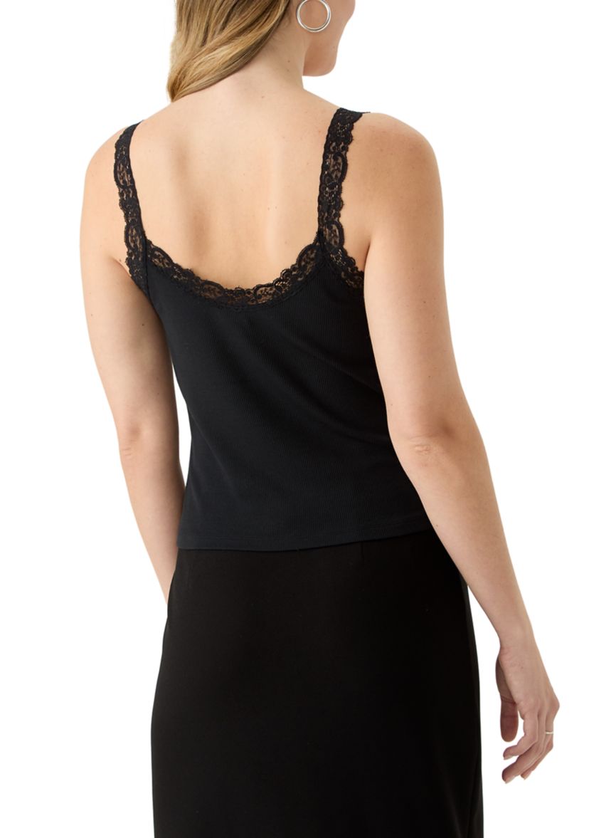Womens Lace Trimmed Ribbed Sweetheart Tank