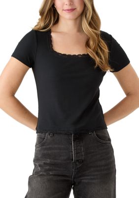 OLIVE + OAK Women's Short Sleeve Lace Trimmed Top
