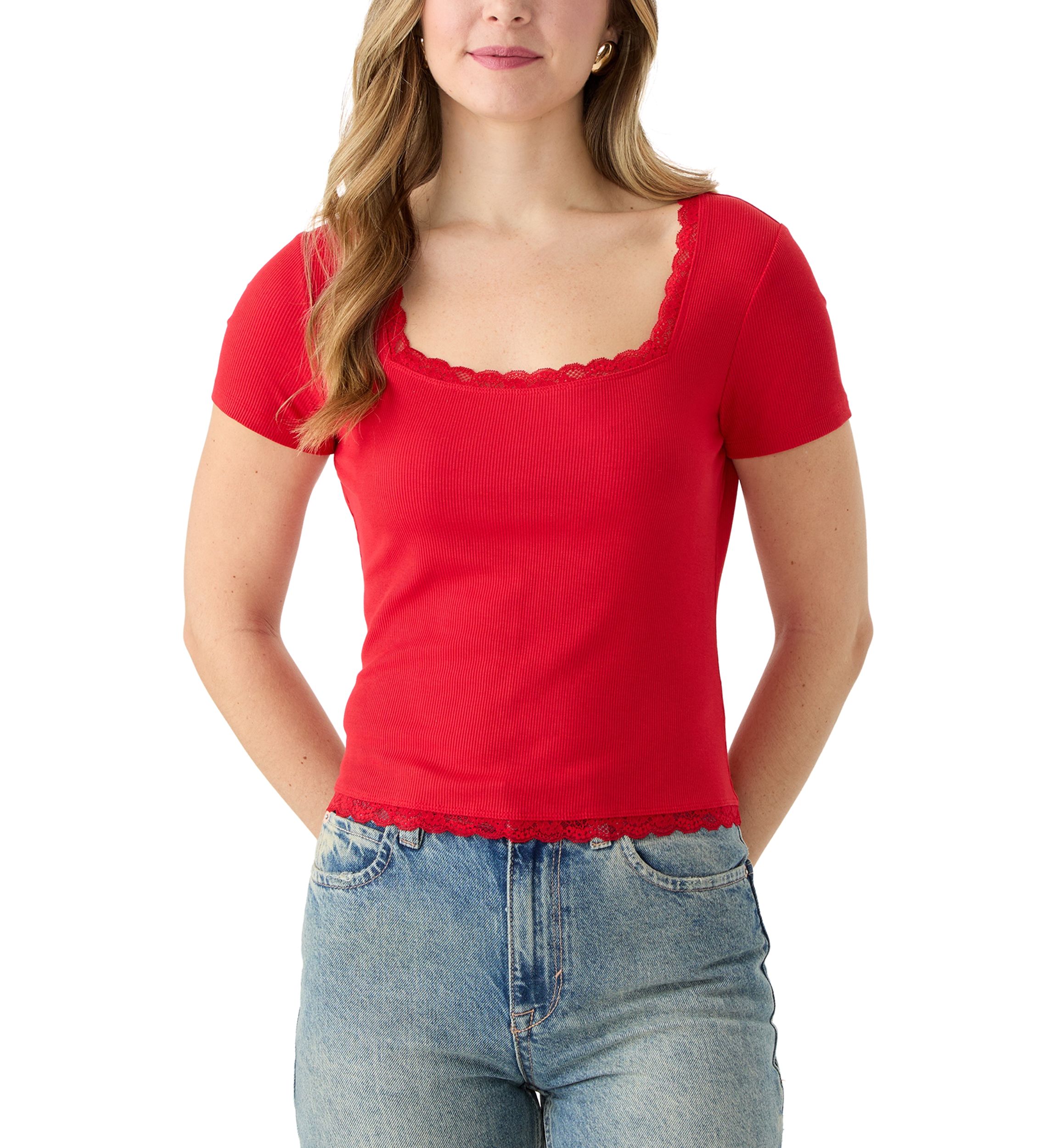 Womens Short Sleeve Lace Trimmed Top 