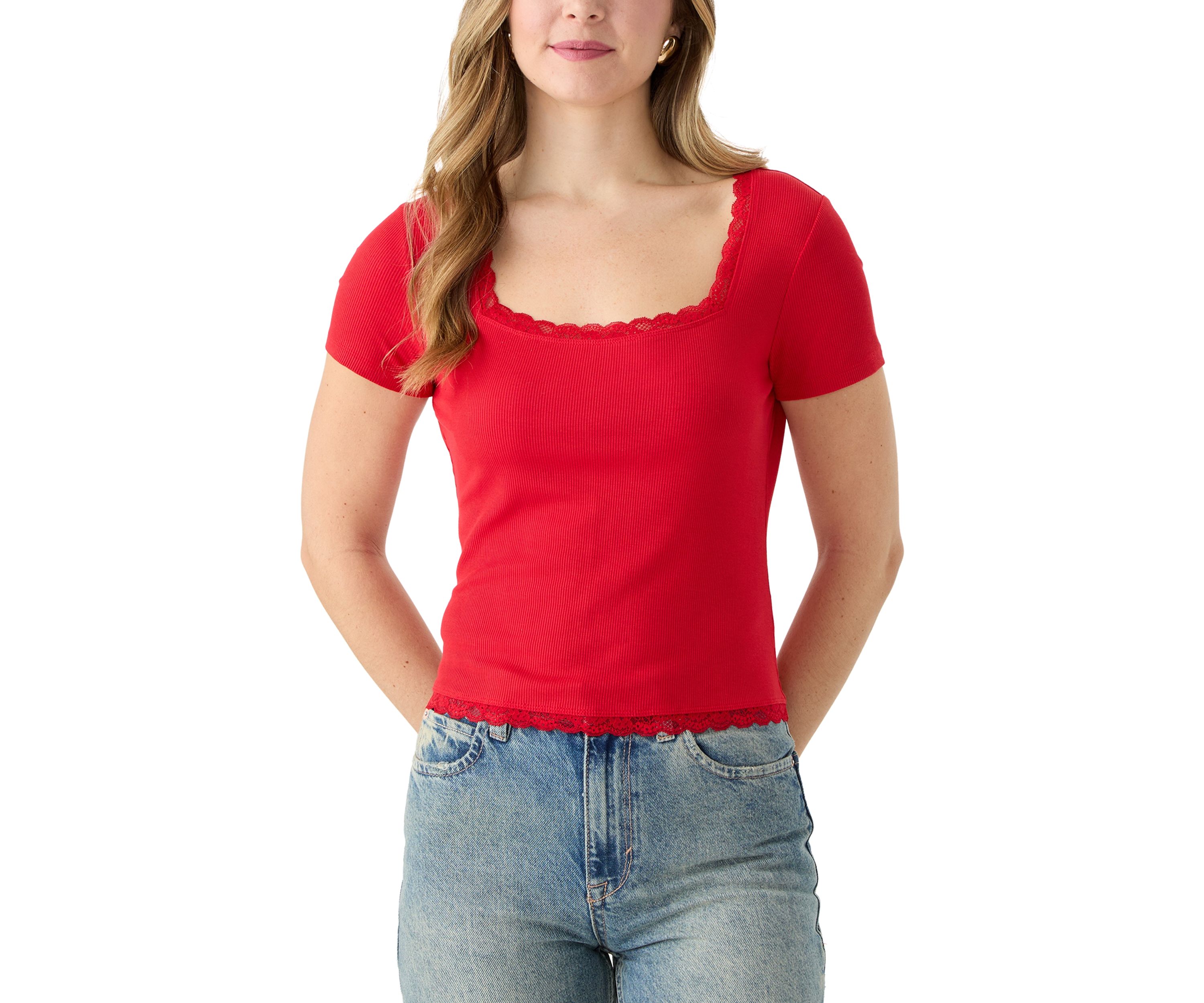 Womens Short Sleeve Lace Trimmed Top 