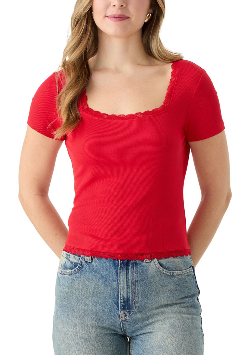 Womens Short Sleeve Lace Trimmed Top 