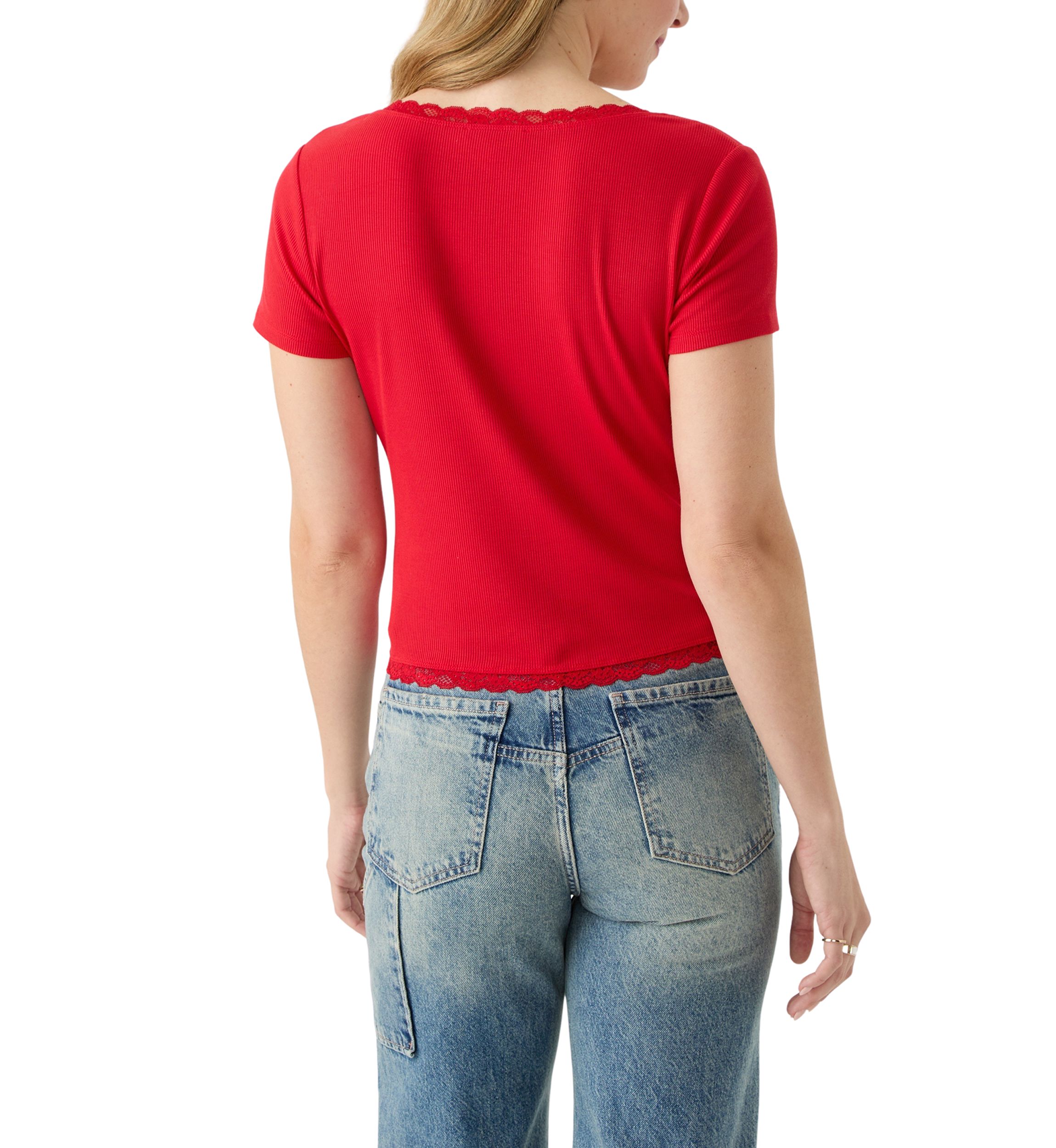 Womens Short Sleeve Lace Trimmed Top 