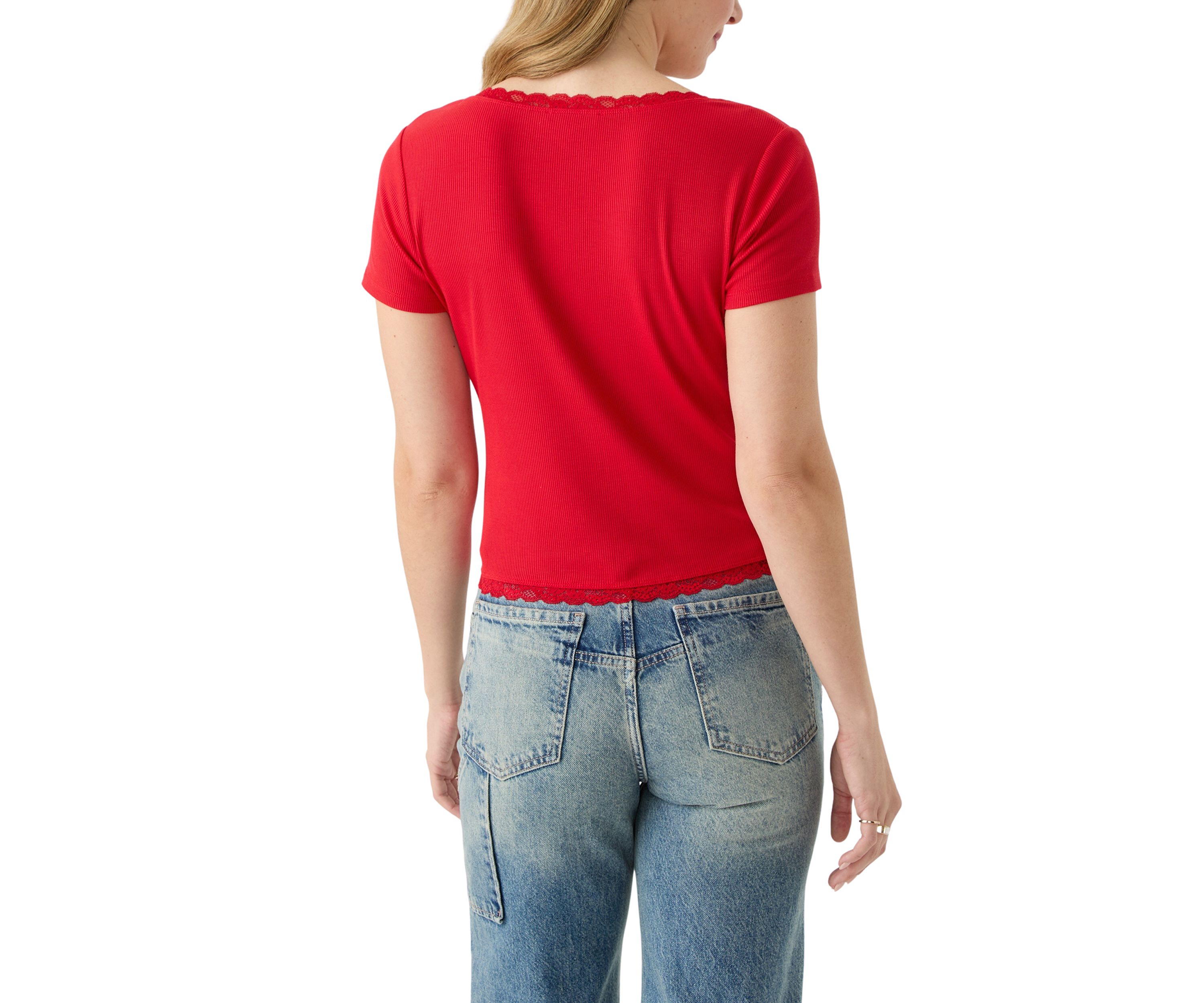 Womens Short Sleeve Lace Trimmed Top 