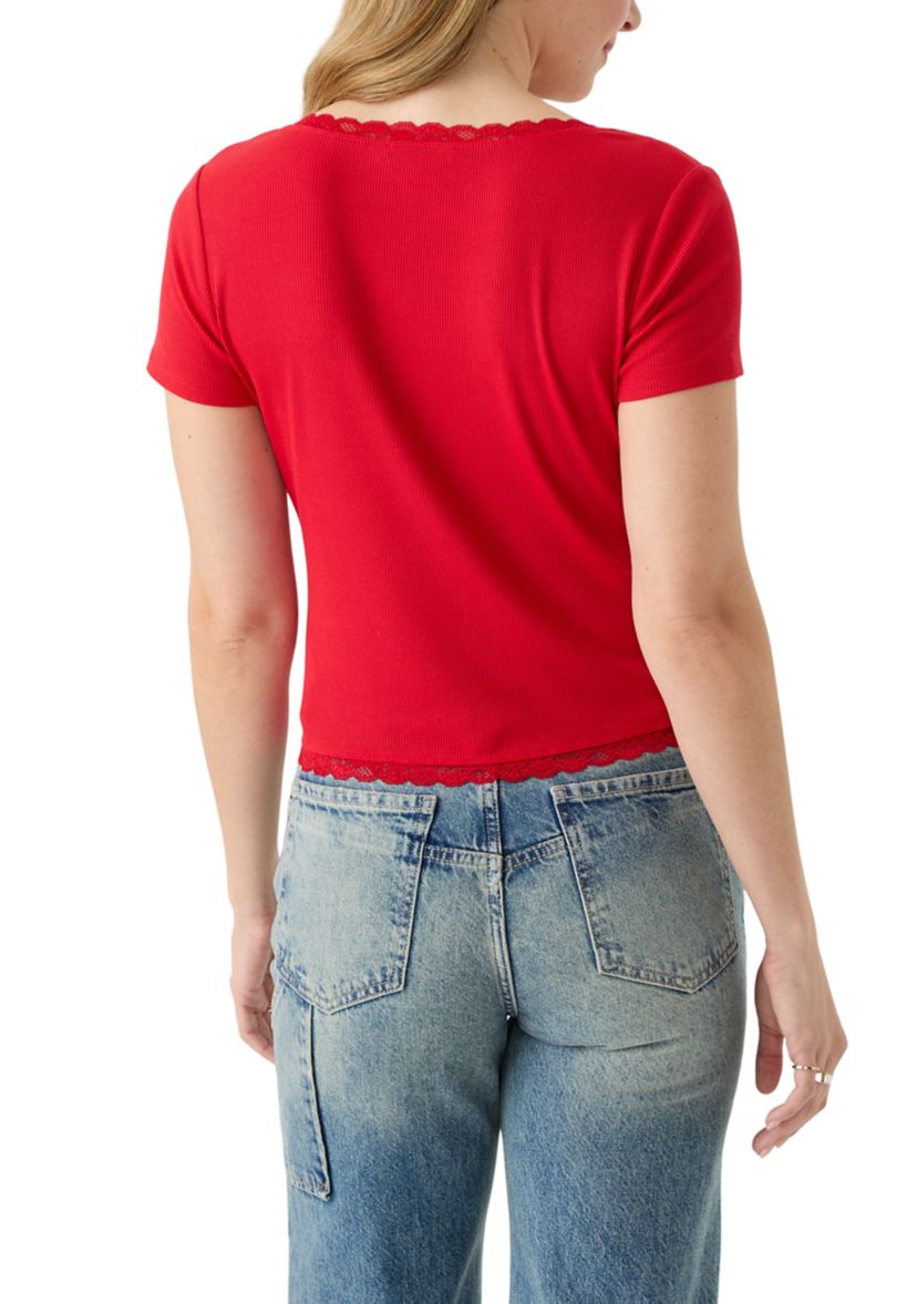 Womens Short Sleeve Lace Trimmed Top 