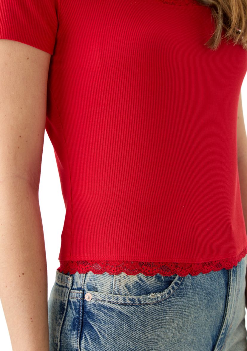 Womens Short Sleeve Lace Trimmed Top 
