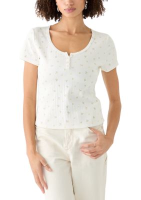 OLIVE + OAK Women's Short Sleeve Henley T-Shirt, White, XL